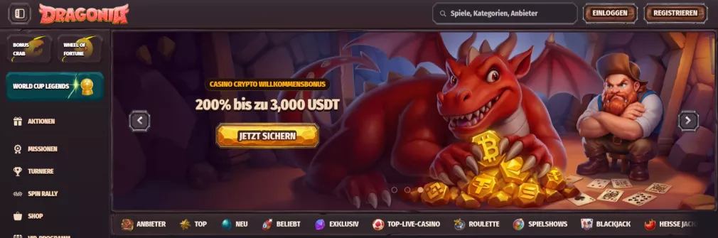 Dragonia Casino 200% Bonus bis 1.000 € plus 200 Freispiele